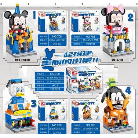 LW 708 non  CẢNH ĐƯỜNG PHỐ DISNEY 4 LÂU ĐÀI TƯỞNG TƯỢNG MICKEY THÀNH GIẢI TRÍ MINNIE CỬA HÀNG ĐỒ UỐNG LẠNH VỊT DONALD BÁNH PIZZA NGỐC NGHẾCH bộ đồ chơi xếp lắp ráp ghép mô hình City MINI CITY Thành Phố 2993 khối