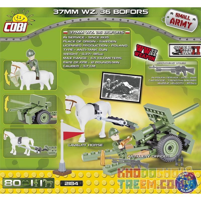COBI 2184 non  SÚNG PHÒNG THỦ CHIẾN TRANH BOFORS 37MM bộ đồ chơi xếp lắp ráp ghép mô hình Military Army 37 MM WZ. 36 BOFORS Quân Sự Bộ Đội 80 khối