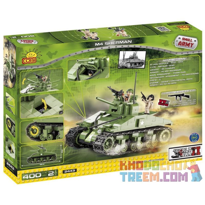COBI 2443 non  XE TĂNG M4 SHERMAN bộ đồ chơi xếp lắp ráp ghép mô hình Military Army M4 SHERMAN TANK Quân Sự Bộ Đội 400 khối