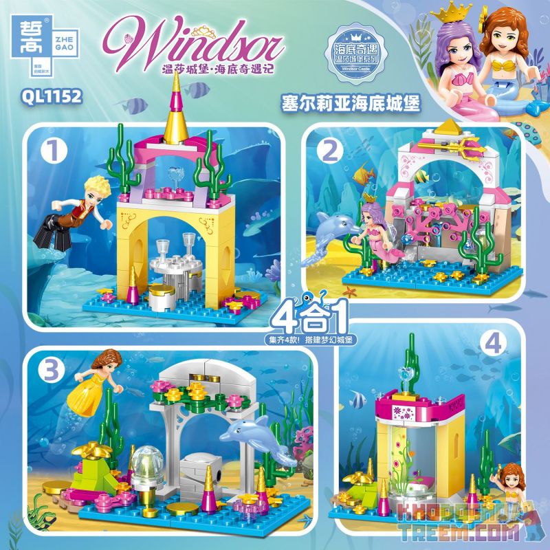 ZHEGAO QL1152 1152 non  CELIA DƯỚI NƯỚC LÂU ĐÀI 4 KẾT HỢP bộ đồ chơi xếp lắp ráp ghép mô hình Disney Princess WINDSOR Công Chúa 325 khối