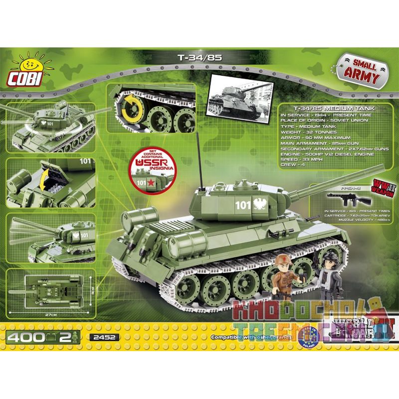 COBI 2452 non  T-34 85 bộ đồ chơi xếp lắp ráp ghép mô hình Military Army T-34/85 SOVIET TANK Quân Sự Bộ Đội 400 khối