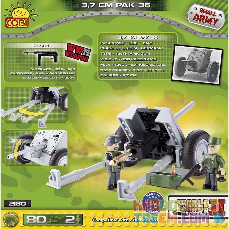 COBI 2180 non  SÚNG CHỐNG TĂNG PAK 36 bộ đồ chơi xếp lắp ráp ghép mô hình Military Army PAK 36 7 CM Quân Sự Bộ Đội 80 khối