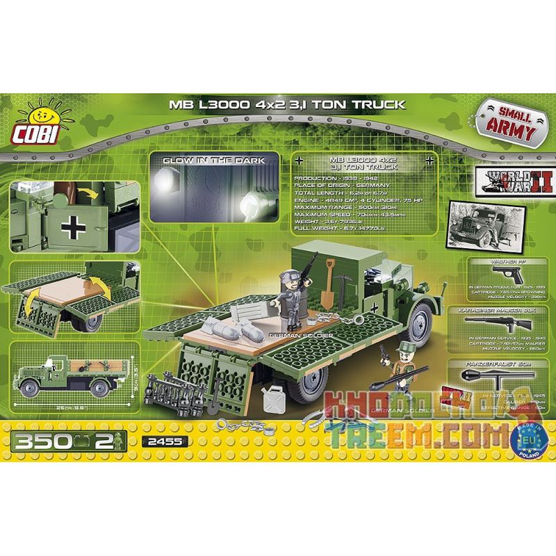 COBI 2455 2455A non  XE TẢI MERCEDES-BENZ L3000 4X2 3.1 TẤN bộ đồ chơi xếp lắp ráp ghép mô hình Military Army MB L3000 4X2 3.1 TON TRUCK Quân Sự Bộ Đội 350 khối