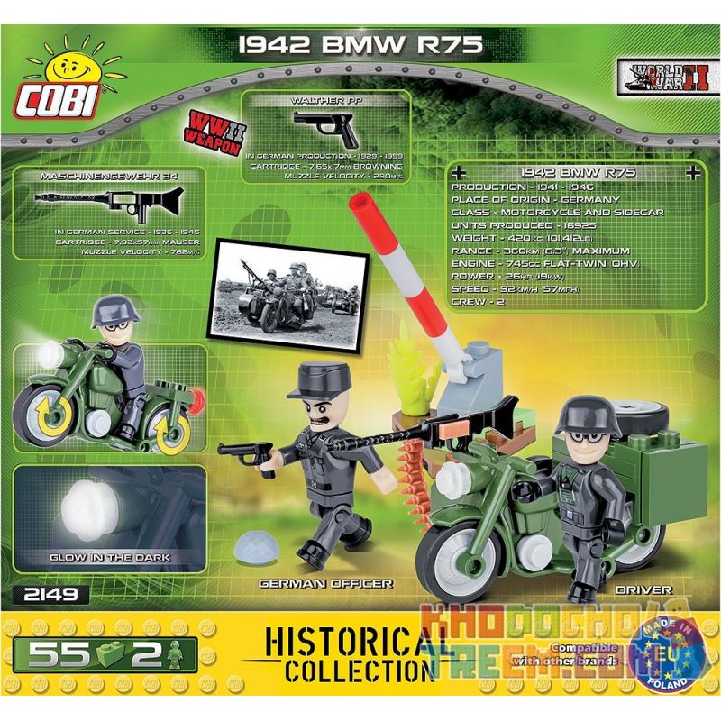 COBI 2149 non  MÔ TÔ QUÂN SỰ BMW R75 MẪU 1942 bộ đồ chơi xếp lắp ráp ghép mô hình Military Army BMW R75 1942 Quân Sự Bộ Đội 55 khối