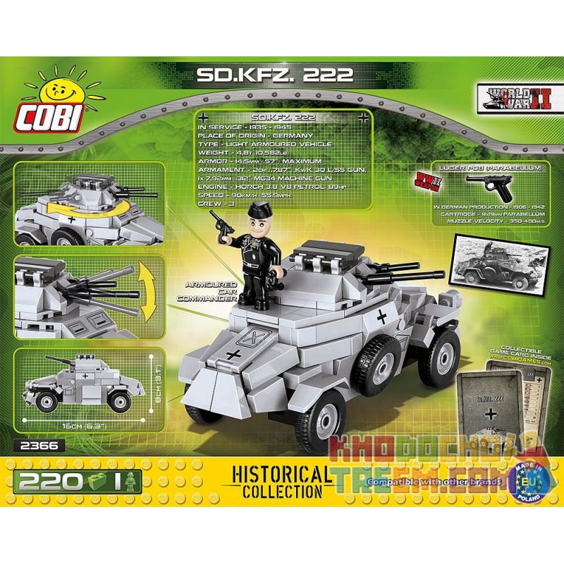 COBI 2366 non  XE TRINH SÁT BỌC THÉP HẠNG NHẸ SD.KFZ.222 bộ đồ chơi xếp lắp ráp ghép mô hình Military Army Quân Sự Bộ Đội 200 khối