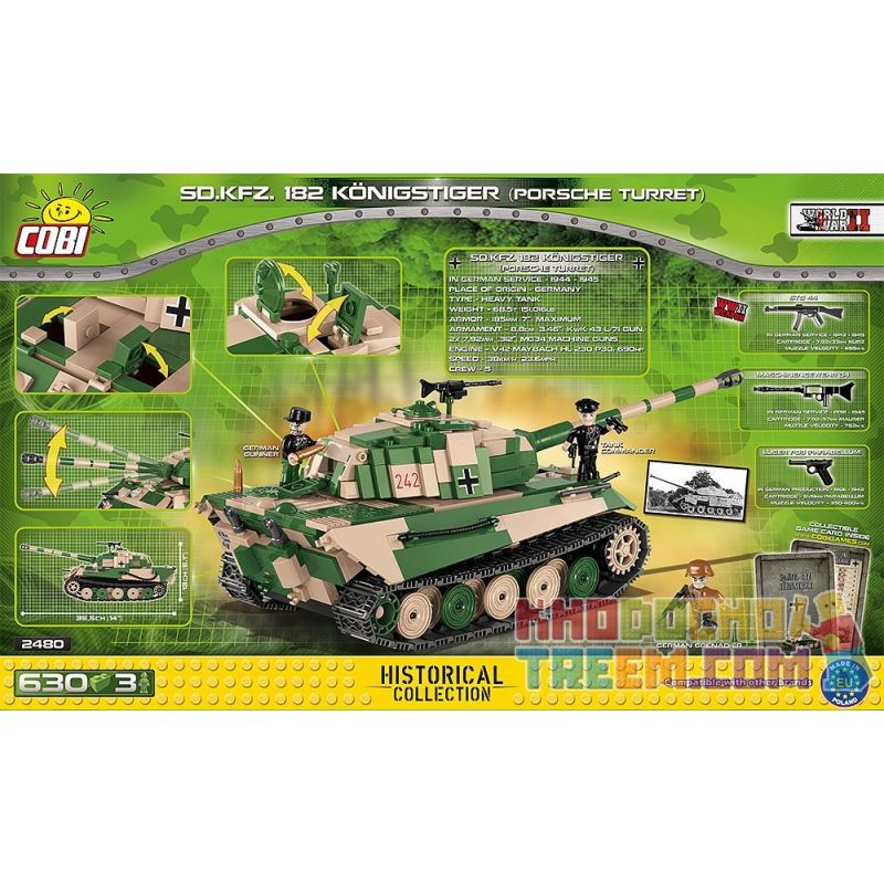 COBI 2480 2480A non  XE TĂNG TIGER II (XE SỐ 6 LOẠI B) (THÁP PHÁO CỦA PORSCHE) bộ đồ chơi xếp lắp ráp ghép mô hình Military Army TIGER II PZ.KPFW. VI B „KÖNIGSTIGER” (PORSCHE TURRET) Quân Sự Bộ Đội 630 khối