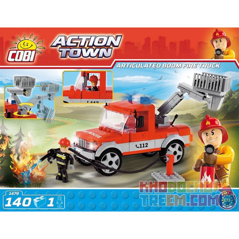 COBI 1479 non  XE THANG CÓ KHỚP NỐI bộ đồ chơi xếp lắp ráp ghép mô hình City ARTICULATED BOOM FIRE TRUCK Thành Phố 140 khối