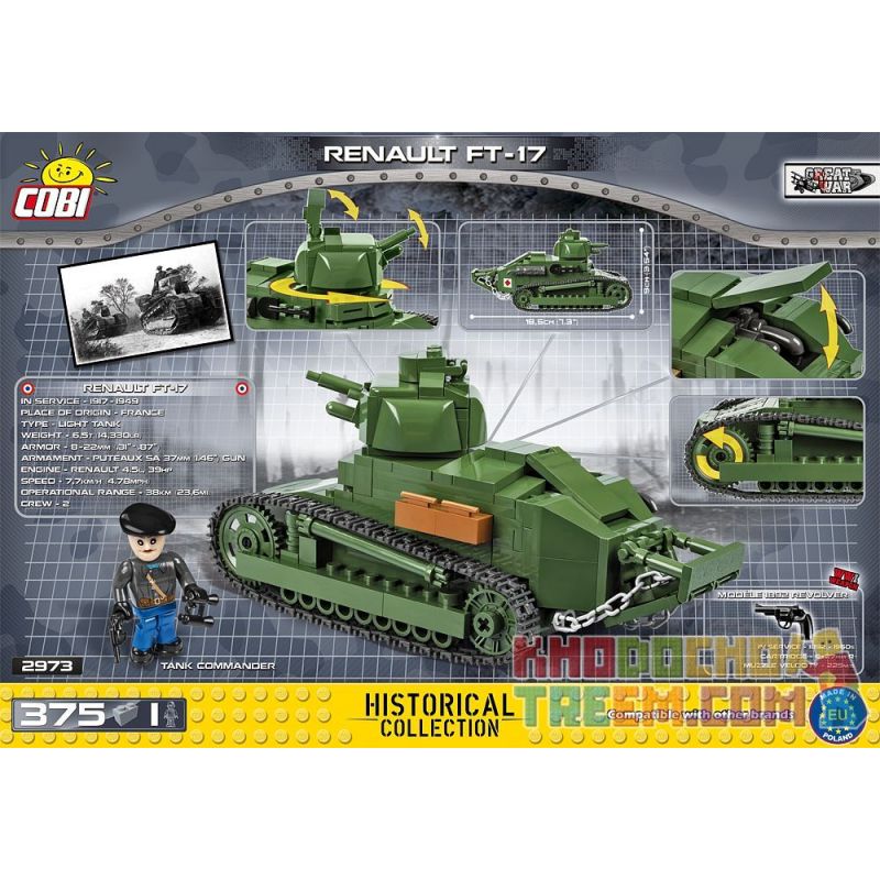COBI 2973 non  XE TĂNG RENAULT FT-17 bộ đồ chơi xếp lắp ráp ghép mô hình Military Army Quân Sự Bộ Đội 375 khối