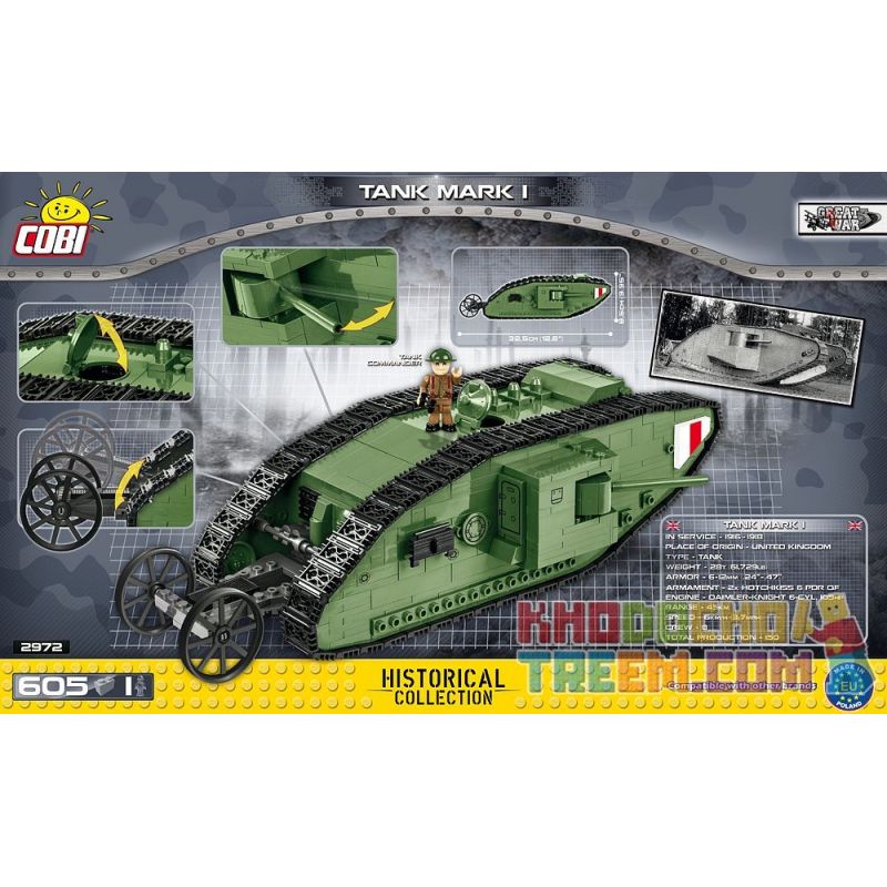 COBI 2972 non  ĐÁNH DẤU TÔI XE TĂNG bộ đồ chơi xếp lắp ráp ghép mô hình Military Army TANK MARK I Quân Sự Bộ Đội 605 khối