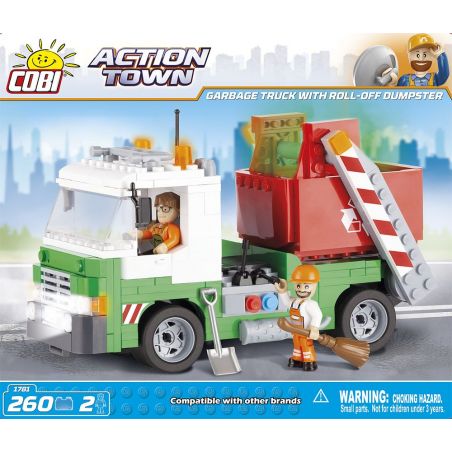 COBI 1781 non  XE CHỞ RÁC CÓ LU bộ đồ chơi xếp lắp ráp ghép mô hình City GARBAGE TRUCK WITH ROLL-OFF DUMPSTER Thành Phố 260 khối