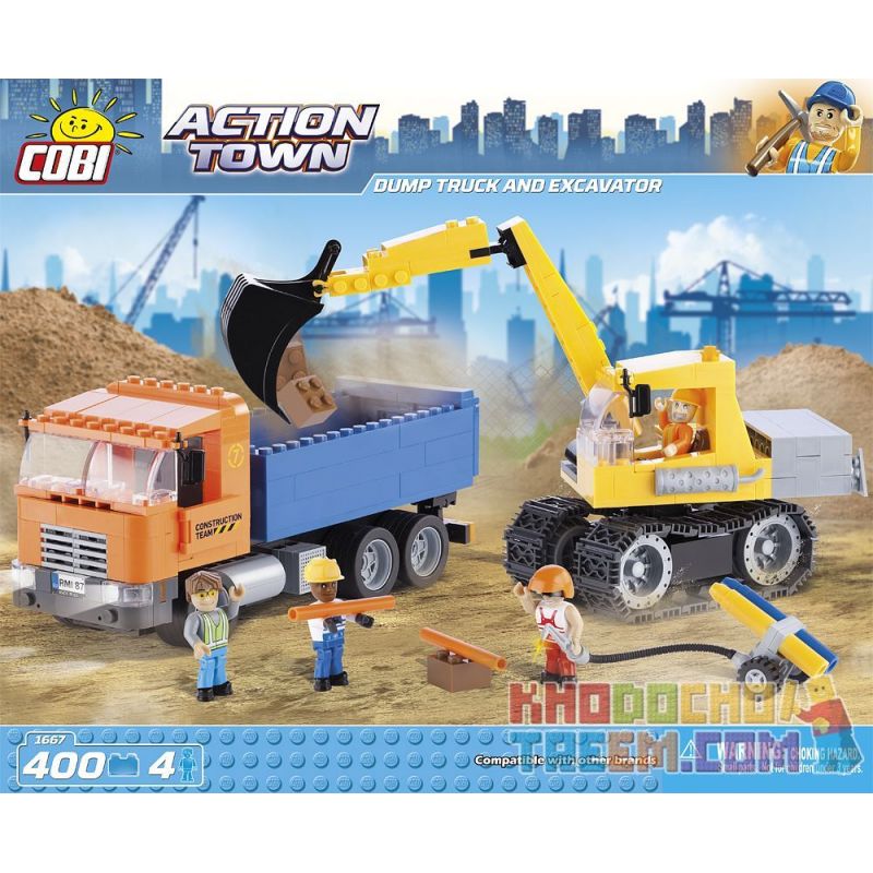 COBI 1667 non  XE BEN VÀ MÁY XÚC bộ đồ chơi xếp lắp ráp ghép mô hình City DUMP TRUCK AND EXCAVATOR Thành Phố 400 khối