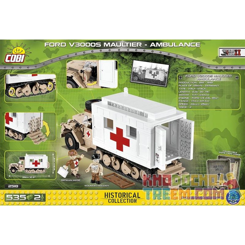 COBI 2518 non  FORD V300S MAULTIER-XE CỨU THƯƠNG bộ đồ chơi xếp lắp ráp ghép mô hình Military Army FORD V300S MAULTIER - AMBULANCE Quân Sự Bộ Đội 535 khối