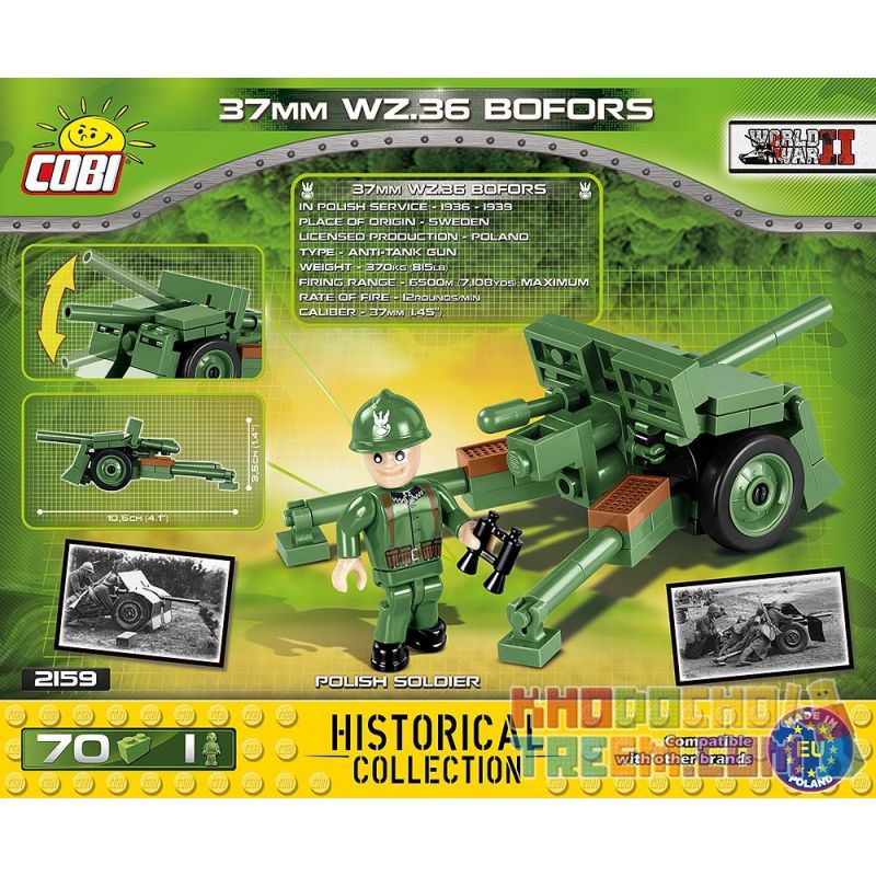 COBI 2159 non  SÚNG PHÒNG THỦ CHIẾN ĐẤU BOFORS 37MM bộ đồ chơi xếp lắp ráp ghép mô hình Military Army 37 MM WZ.36 BOFORS Quân Sự Bộ Đội 70 khối