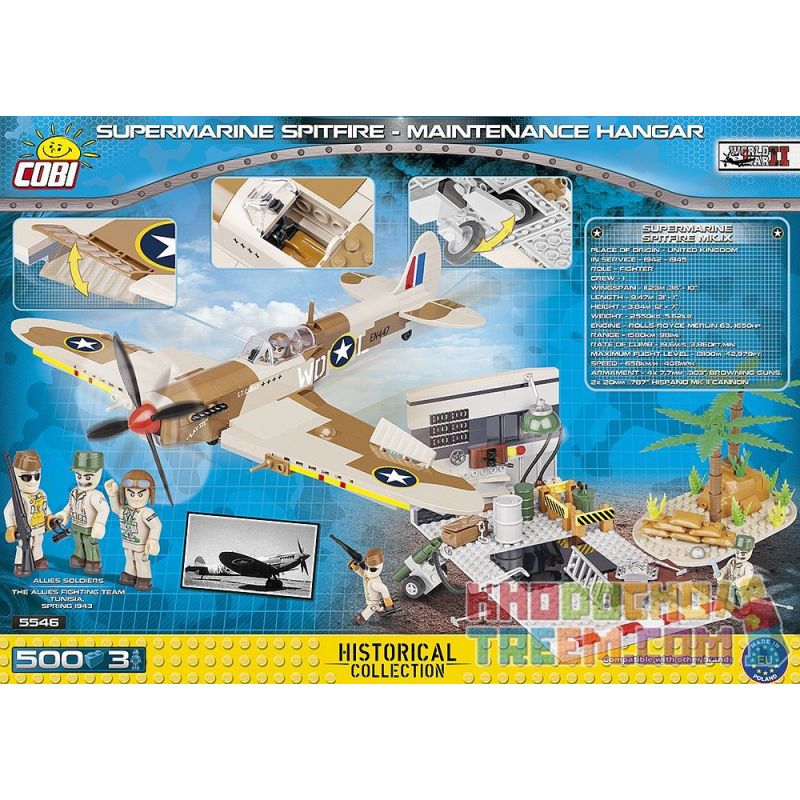 COBI 5546 non  SPITFIRE MK.IX-THƯ VIỆN BẢO DƯỠNG MÁY BAY bộ đồ chơi xếp lắp ráp ghép mô hình Military Army SUPERMARINE SPITFIRE MK.IX - MAINTENANCE HANGAR Quân Sự Bộ Đội 500 khối