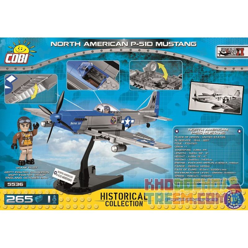 COBI 5536 non  MÁY BAY CHIẾN ĐẤU P-51 MUSTANG bộ đồ chơi xếp lắp ráp ghép mô hình Military Army NORTH AMERICAN P-51D MUSTANG Quân Sự Bộ Đội 265 khối