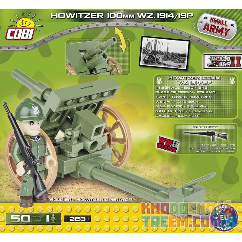 COBI 2153 non  LỰU PHÁO 100 MM WZ.1914 bộ đồ chơi xếp lắp ráp ghép mô hình Military Army HOWITZER 100 MM WZ.1914/19 P Quân Sự Bộ Đội 50 khối