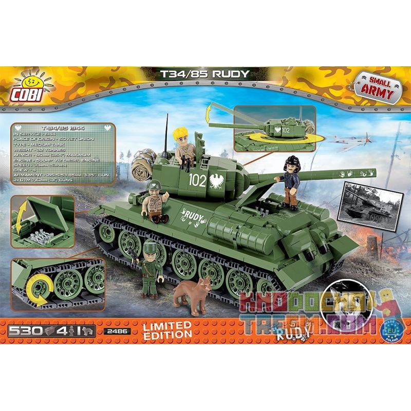 COBI 2486 2524 2486A non  RUDY 102 T-34 85 bộ đồ chơi xếp lắp ráp ghép mô hình Military Army RUDY 102 T-34/ 85 Quân Sự Bộ Đội 530 khối
