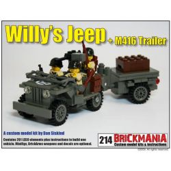 BRICKMANIA 214 non  WILLIS JEEP + ĐOẠN GIỚI THIỆU M416 bộ đồ chơi xếp lắp ráp ghép mô hình Military Army WILLYS JEEP + M416 TRAILER Quân Sự Bộ Đội 201 khối