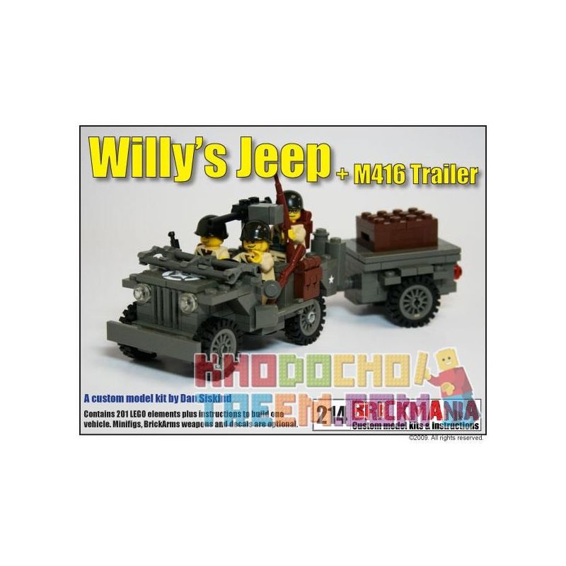 BRICKMANIA 214 non  WILLIS JEEP + ĐOẠN GIỚI THIỆU M416 bộ đồ chơi xếp lắp ráp ghép mô hình Military Army WILLYS JEEP + M416 TRAILER Quân Sự Bộ Đội 201 khối