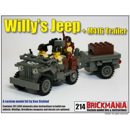 BRICKMANIA 214 non  WILLIS JEEP + ĐOẠN GIỚI THIỆU M416 bộ đồ chơi xếp lắp ráp ghép mô hình Military Army WILLYS JEEP + M416 TRAILER Quân Sự Bộ Đội 201 khối