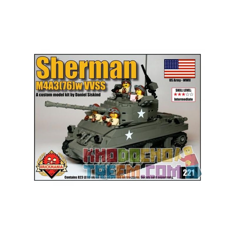 BRICKMANIA 221 non  M4A3 (76) VỚI XE TĂNG SHERMAN VVSS bộ đồ chơi xếp lắp ráp ghép mô hình Military Army M4A3(76)W VVSS SHERMAN Quân Sự Bộ Đội 823 khối