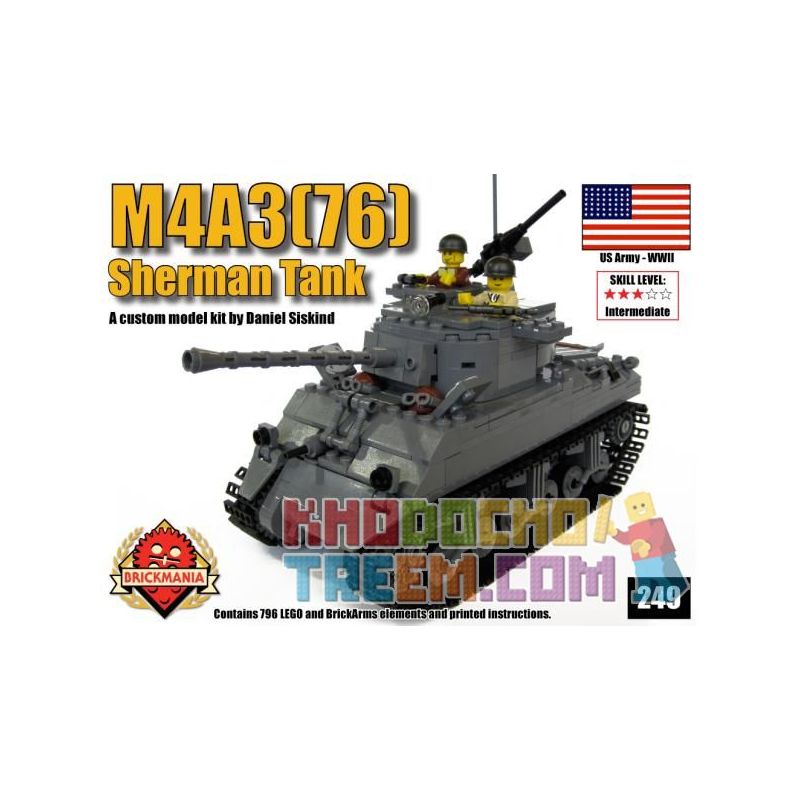 BRICKMANIA 249 non  M4A3 (76) XE TĂNG SHERMAN bộ đồ chơi xếp lắp ráp ghép mô hình Military Army M4A3(76) SHERMAN TANK Quân Sự Bộ Đội 796 khối