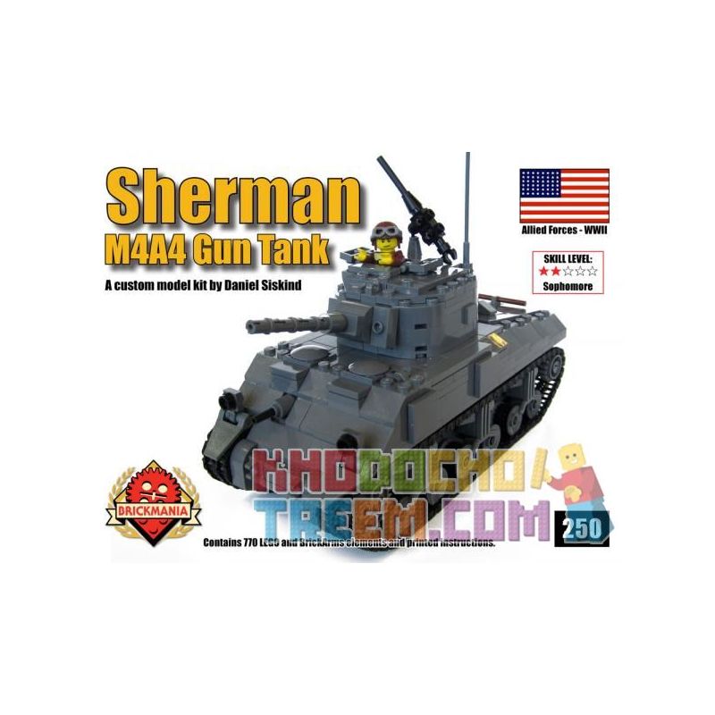BRICKMANIA 250 non  XE TĂNG M4A4 SHERMAN bộ đồ chơi xếp lắp ráp ghép mô hình Military Army M4A4 SHERMAN GUN TANK Quân Sự Bộ Đội 770 khối