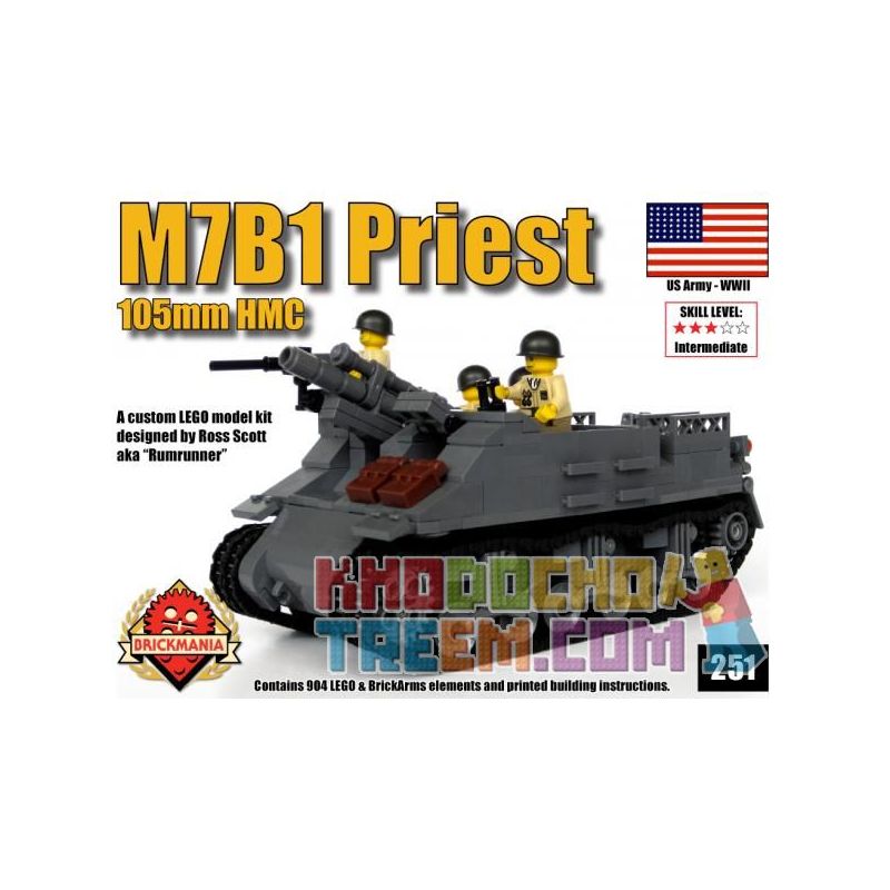 BRICKMANIA 251 non  PHÁO TỰ HÀNH M7B1 PRIEST bộ đồ chơi xếp lắp ráp ghép mô hình Military Army M7B1 PRIEST 105MM HMC Quân Sự Bộ Đội 904 khối