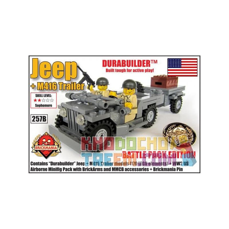 BRICKMANIA 257B non  XE JEEP + M416 bộ đồ chơi xếp lắp ráp ghép mô hình Military Army JEEP + M416 TRAILER – LTD. BATTLE PACK EDITION Quân Sự Bộ Đội 2 khối