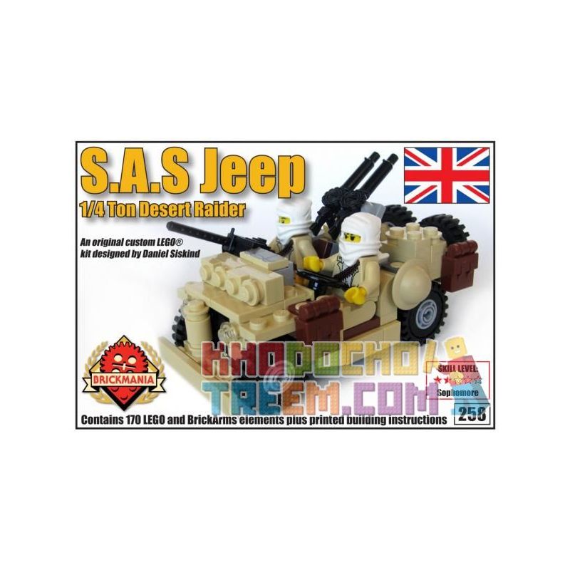 BRICKMANIA 258 non  XE JEEP CỦA S.A.S. bộ đồ chơi xếp lắp ráp ghép mô hình Military Army S.A.S. JEEP – 1/4 TON DESERT RAIDER Quân Sự Bộ Đội 170 khối