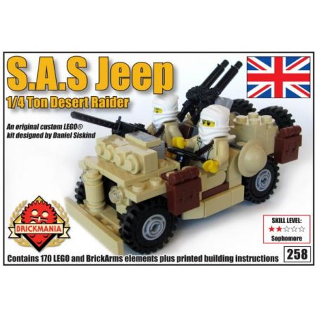 BRICKMANIA 258 non  XE JEEP CỦA S.A.S. bộ đồ chơi xếp lắp ráp ghép mô hình Military Army S.A.S. JEEP – 1/4 TON DESERT RAIDER Quân Sự Bộ Đội 170 khối