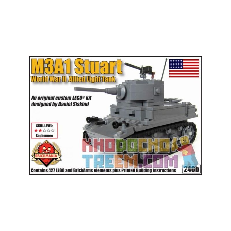 BRICKMANIA 240B non  TĂNG HẠNG NHẸ M3A1 STUART bộ đồ chơi xếp lắp ráp ghép mô hình Military Army M3A1 STUART LIGHT TANK Quân Sự Bộ Đội 427 khối