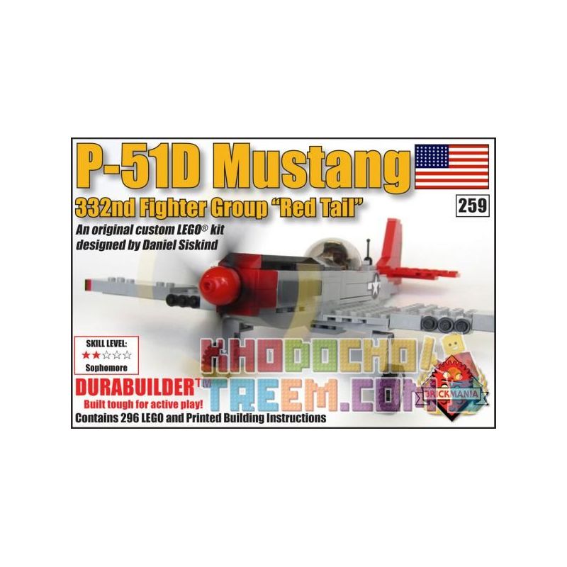 BRICKMANIA 259 non  MÁY BAY CHIẾN ĐẤU P-51 MUSTANG bộ đồ chơi xếp lắp ráp ghép mô hình Military Army P-51D MUSTANG "RED TAIL" Quân Sự Bộ Đội 296 khối