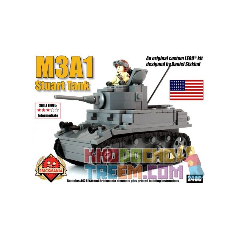 BRICKMANIA 240C non  TĂNG HẠNG NHẸ M3A1 STUART bộ đồ chơi xếp lắp ráp ghép mô hình Military Army M3A1 STUART LIGHT TANK Quân Sự Bộ Đội 442 khối