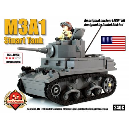 BRICKMANIA 240C non  TĂNG HẠNG NHẸ M3A1 STUART bộ đồ chơi xếp lắp ráp ghép mô hình Military Army M3A1 STUART LIGHT TANK Quân Sự Bộ Đội 442 khối