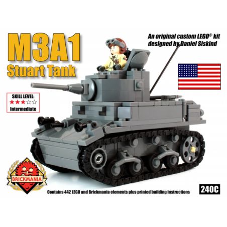 BRICKMANIA 240CD non  TĂNG HẠNG NHẸ M3A1 STUART bộ đồ chơi xếp lắp ráp ghép mô hình Military Army M3A1 STUART LIGHT TANK Quân Sự Bộ Đội 442 khối