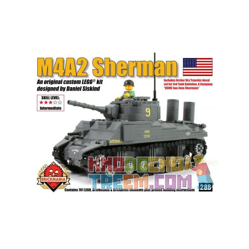 BRICKMANIA 288 non  XE TĂNG M4A2 SHERMAN bộ đồ chơi xếp lắp ráp ghép mô hình Military Army M4A2 SHERMAN  Quân Sự Bộ Đội 411 khối