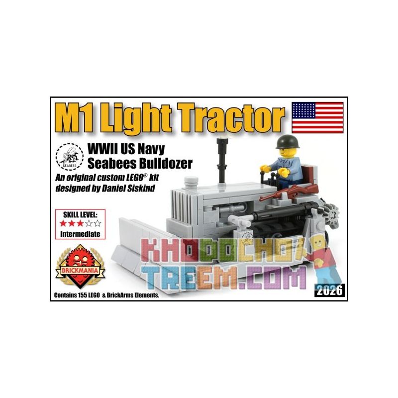 BRICKMANIA 2026 non  MÁY KÉO HẠNG NHẸ M1 bộ đồ chơi xếp lắp ráp ghép mô hình Military Army M1 LIGHT TRACTOR US NAVY SEABEES BULLDOZER Quân Sự Bộ Đội 155 khối