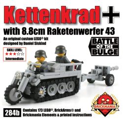 BRICKMANIA 284B non  XE MÔ TÔ BÁN TẢI SDKFZ 2 VÀ SÚNG KHÔNG GIẬT 88MM RAKETENWERFER 43 bộ đồ chơi xếp lắp ráp ghép mô hình Military Army KETTENKRAD WITH 8.8CM RAKETNWERFER 43 Quân Sự Bộ Đội 173 khối