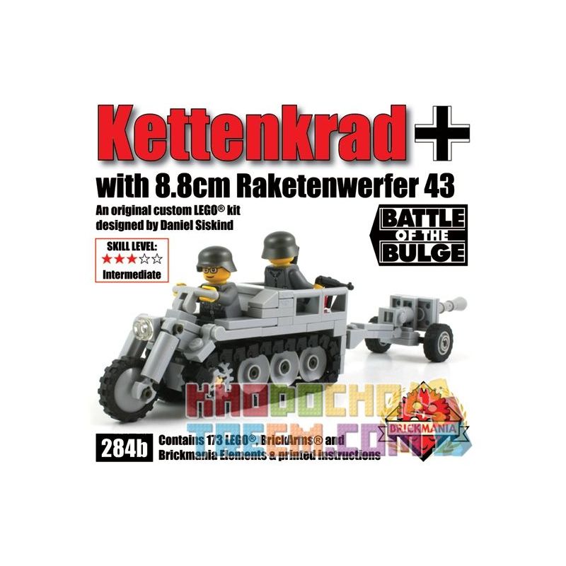 BRICKMANIA 284B non  XE MÔ TÔ BÁN TẢI SDKFZ 2 VÀ SÚNG KHÔNG GIẬT 88MM RAKETENWERFER 43 bộ đồ chơi xếp lắp ráp ghép mô hình Military Army KETTENKRAD WITH 8.8CM RAKETNWERFER 43 Quân Sự Bộ Đội 173 khối