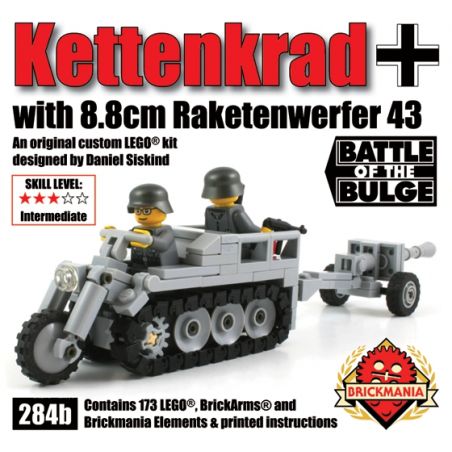 BRICKMANIA 284B non  XE MÔ TÔ BÁN TẢI SDKFZ 2 VÀ SÚNG KHÔNG GIẬT 88MM RAKETENWERFER 43 bộ đồ chơi xếp lắp ráp ghép mô hình Military Army KETTENKRAD WITH 8.8CM RAKETNWERFER 43 Quân Sự Bộ Đội 173 khối