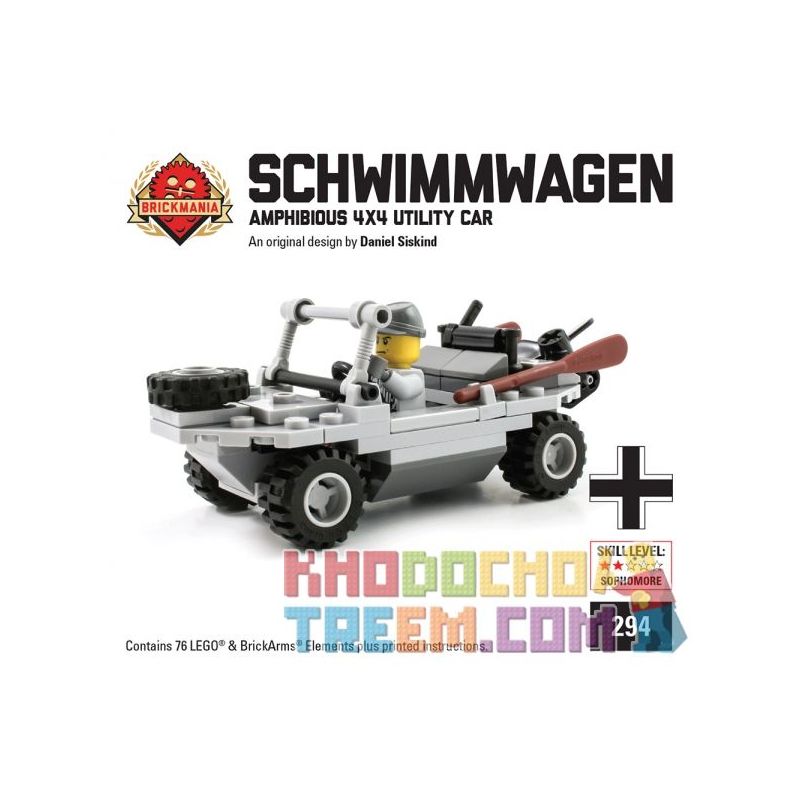 BRICKMANIA 294 non  XE LỘI NƯỚC VW166 bộ đồ chơi xếp lắp ráp ghép mô hình Military Army SCHWIMMWAGEN Quân Sự Bộ Đội 76 khối