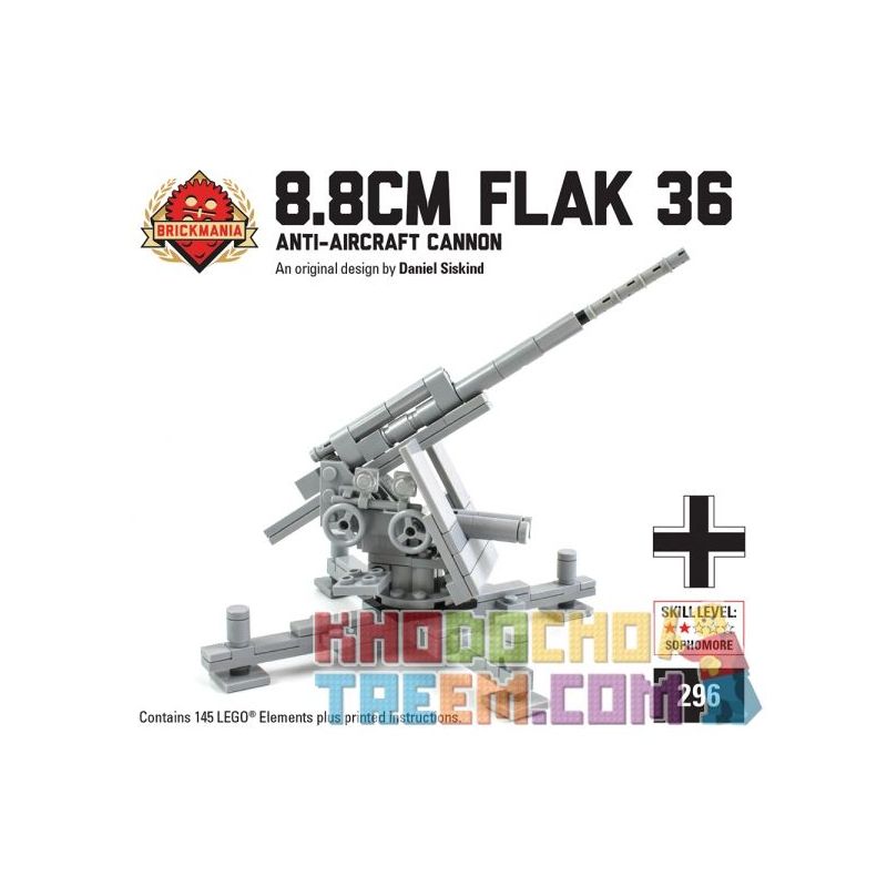 BRICKMANIA 296 non  36 SÚNG PHÒNG KHÔNG LOẠI 8 8CM bộ đồ chơi xếp lắp ráp ghép mô hình Military Army 8.8CM FLAK 36 ANTI-AIRCRAFT CANNON Quân Sự Bộ Đội 145 khối