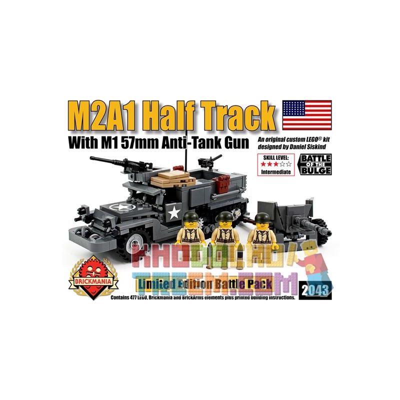 BRICKMANIA 2043 non  XE NỬA BÁNH XÍCH M2A1 VÀ SÚNG CHỐNG TĂNG M1 57MM bộ đồ chơi xếp lắp ráp ghép mô hình Military Army M2A1 HALFTRACK WITH M1 57MM ANTI-TANK GUN Quân Sự Bộ Đội 477 khối