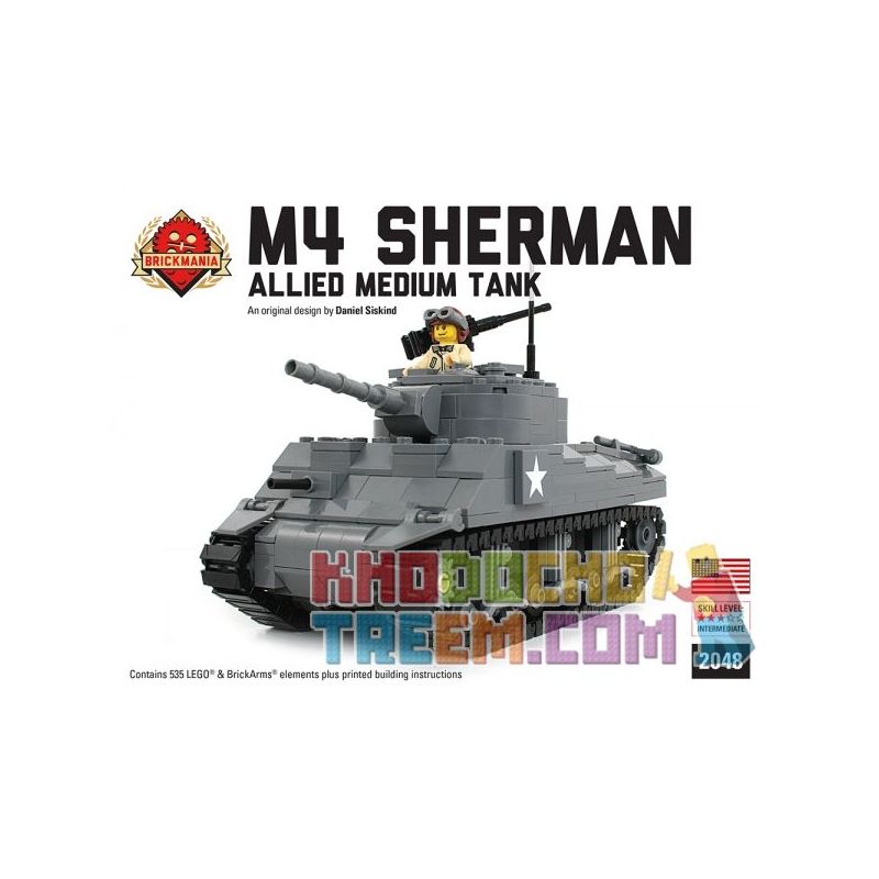 BRICKMANIA 2048 non  BỘ ĐỒ CHƠI  TÙY CHỈNH XE TĂNG HẠNG NẶNG M4 SHERMAN-ALLIED bộ đồ chơi xếp lắp ráp ghép mô hình Military Army M4 SHERMAN - ALLIED MEDIUM TANK -CUSTOM  KIT Quân Sự Bộ Đội 535 khối