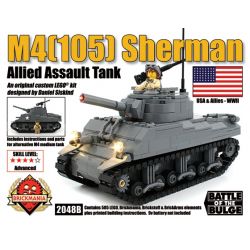 BRICKMANIA 2048B non  M4 (105) XE TĂNG SHERMAN bộ đồ chơi xếp lắp ráp ghép mô hình Military Army M4(105) SHERMAN ASSAULT TANK Quân Sự Bộ Đội 585 khối