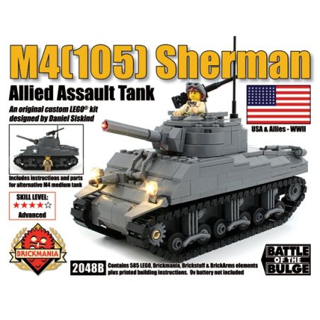 BRICKMANIA 2048B non  M4 (105) XE TĂNG SHERMAN bộ đồ chơi xếp lắp ráp ghép mô hình Military Army M4(105) SHERMAN ASSAULT TANK Quân Sự Bộ Đội 585 khối