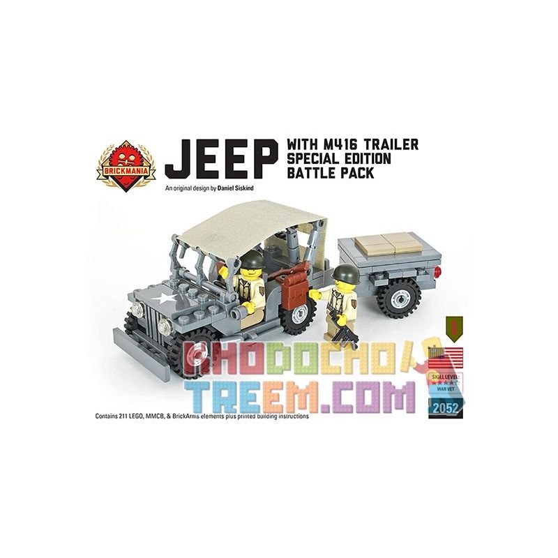 BRICKMANIA 2052 non  XE JEEP VÀ M416 bộ đồ chơi xếp lắp ráp ghép mô hình Military Army JEEP WITH M416 TRAILER Quân Sự Bộ Đội 211 khối