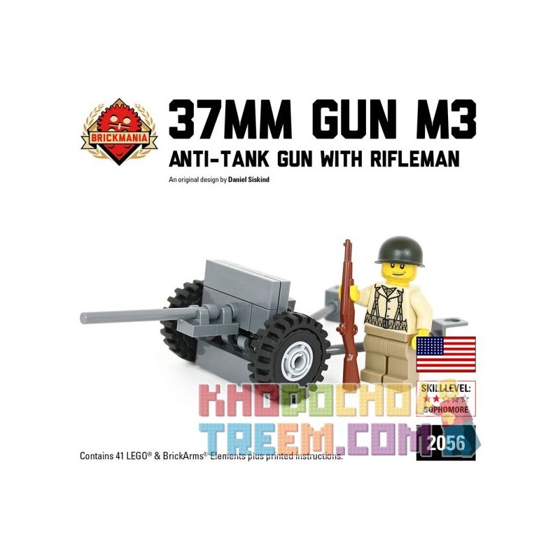 BRICKMANIA 2056 non  SÚNG CHỐNG TĂNG M3 37MM VÀ TRƯỜNG HOA KỲ bộ đồ chơi xếp lắp ráp ghép mô hình Military Army M3 37MM ANTI-TANK GUN WITH US RIFLEMAN MINIFIG Quân Sự Bộ Đội 41 khối