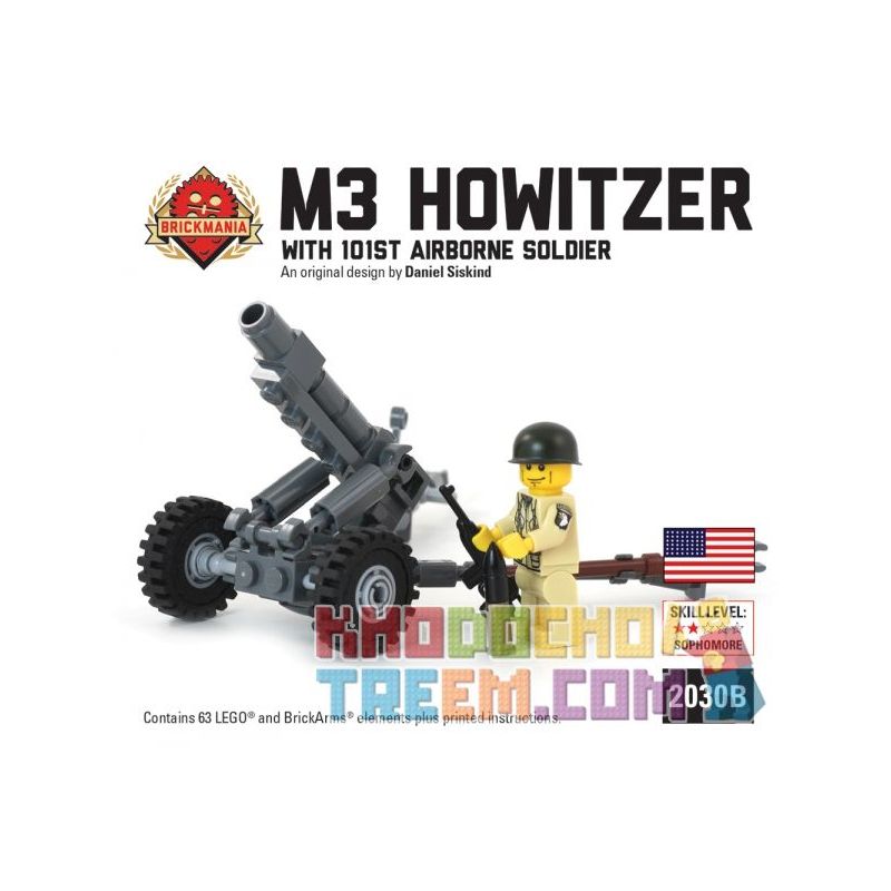 BRICKMANIA 2030B non  LỰU PHÁO M3 105MM VÀ 101 LÍNH DÙ bộ đồ chơi xếp lắp ráp ghép mô hình Military Army M3 105MM HOWITZER WITH 101ST AIRBORNE SOLDIER Quân Sự Bộ Đội 63 khối